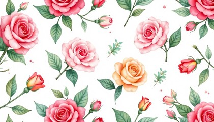 Delicate watercolor roses, leaves & buds, seamless repeat, spring, design