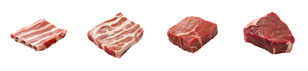 Assorted cuts of raw meat variety, preparation isolated , cut out transparent