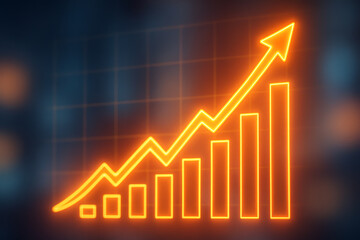 This vibrant graphic depicts a rising bar chart with an arrow indicating growth and success. Perfect for illustrating financial progress or business achievements in reports.