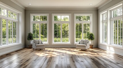 Obraz premium Bright and airy room featuring large windows and armchairs