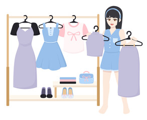 Obraz premium Woman Choosing Clothes in Front of Clothes rack. Flat Vector Illustration