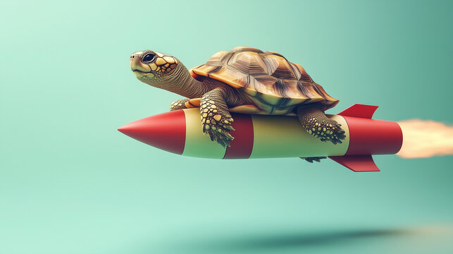 Funny Turtle Riding a Rocket Flying Through the Air with a Pastel Background Representing Speed and Determination

