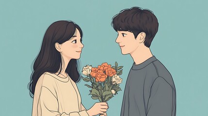 Korean couple in casual outfits, one giving flowers while holding hands, standing side by side, flat minimal illustration with soft expressions, pastel blue background, clean line art, clipart style.