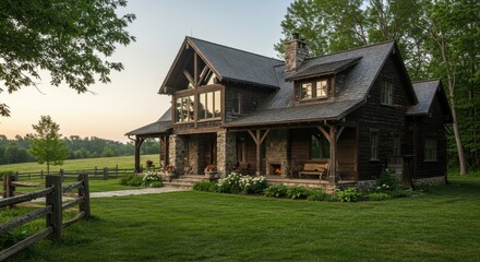 Rustic Log Cabin Home in Green Meadow at Sunset