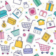 Colorful shopping and retail icons seamless pattern