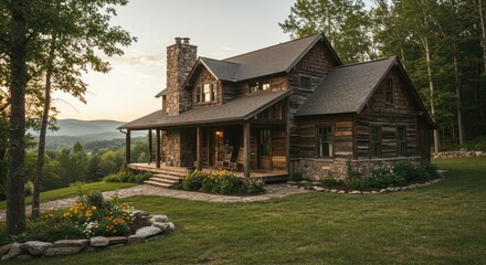 Rustic Log Cabin Home with Mountain View at Sunset