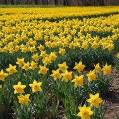 Obraz premium field of daffodils, field of yellow tulips, yellow tulips in the garden