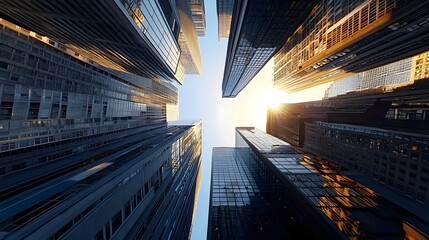 Breathtaking aerial view of a futuristic city skyline filled with towering glass skyscrapers that reflect the golden glow of the sun creating a mesmerizing and visually captivating scene
