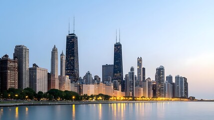 Obraz premium Panoramic view of a city skyline at dusk with office buildings and high rise towers aglow with twinkling lights as the sun sets creating a serene and vibrant urban landscape