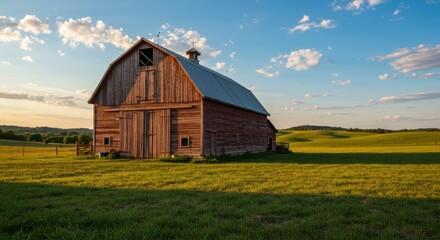 Obraz premium Rustic Red Barn in a Summer Field at Sunset