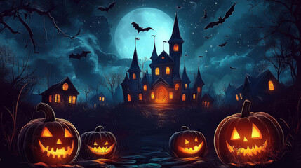 Mysterious House with Lit Pumpkins.