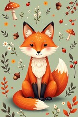Obraz premium Cute fox with earthy elements like mushrooms, acorns, and berries in a repeating design, berries, design, acorns