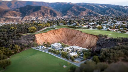 Fototapeta premium Landslide event revealing earth's crust mountainous region gigapixel image natural landscape aerial view geological concept