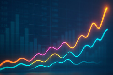 A vibrant graph showing upward trends with colorful lines, depicting financial growth and positive data analysis in a modern digital context against a dark background.