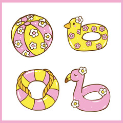 Cute Groovy Summer Float Set Bright Pastel Summer Things, flamingo float, duck float, beach ball, lifebuoy cartoon hand drawn set