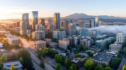 Fototapeta premium Captivating aerial view of a vibrant city skyline at sunrise with fog rolling between the towering high rise buildings creating a serene and atmospheric urban landscape