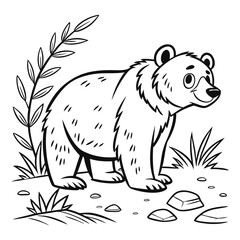 Adorable Cartoon Bear in a Forest Coloring Page Illustration
