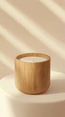 Wooden candle jar on white stand with light shadows