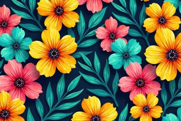 Bold, vibrant floral pattern, bright colors, tropical feel, plants, textile, bright
