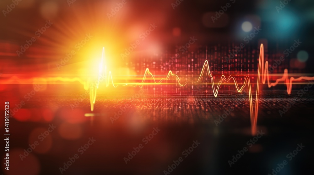 Poster abstract digital heartbeat graphic. a vibrant, energetic display of a heartbeat waveform, overlaid w