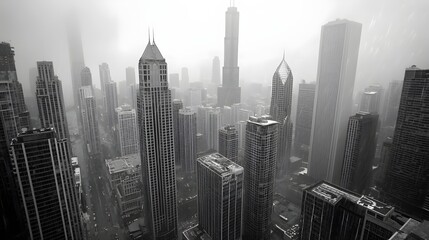 Dramatic black and white cityscape with a moody atmospheric vibe  Towering skyscrapers and office buildings stand tall against a backdrop of ominous rain clouds hovering over the urban landscape