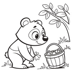 Adorable Cartoon Bear in a Forest Coloring Page Illustration