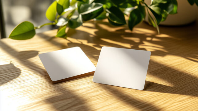 Minimal business card mockup template with natural light and plant shadows on wooden desk

