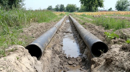 Drip irrigation pipes laid across dry farmland for efficient water delivery