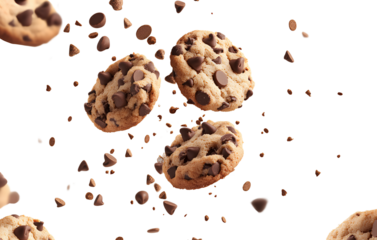 Chocolate chip cookies falling, isolated on a transparent background