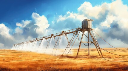Naklejka premium Even watering system using sprinklers and hoses across dry farmland