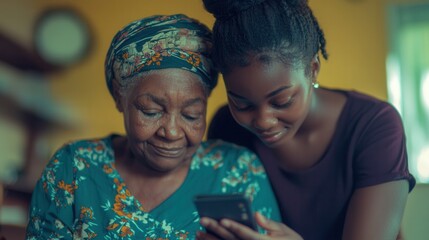 sweet moment of a teenager teaching grandmother how to use a smartphone, soft background, expressions of curiosity and patience 