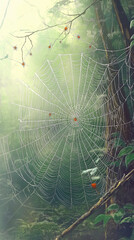 Dewy Spiderweb in Misty Forest