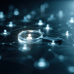 A magnifying glass hovers over illuminated network nodes, symbolizing analysis, connectivity, and digital exploration.