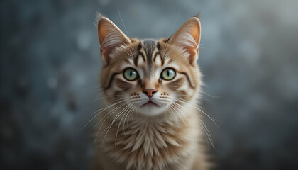 Obraz premium Adorable light brown tabby cat with striking green eyes, looking directly at the camera against a blurred gray background