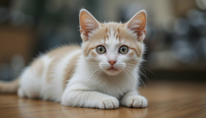 Obraz premium Adorable orange and white kitten lying on wooden floor