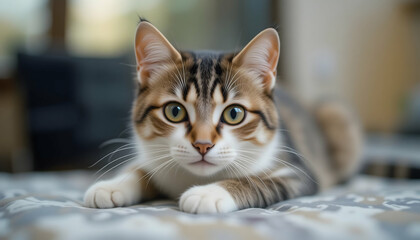 Adorable tabby cat with striking yellow eyes, lying down on a patterned surface