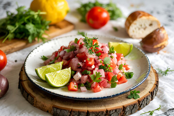 Fresh Pico de Gallo Recipe, A vibrant and refreshing salad featuring diced tomatoes, red onions, and fresh herbs, garnished with lime wedges. Perfect as a side dish or light meal.