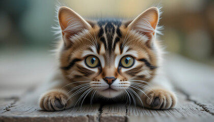 Fototapeta premium Adorable tabby kitten with striking eyes, lying on weathered wood