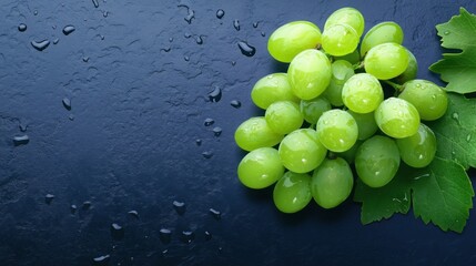 A single bunch of grapes with translucent, dew-like drops on a dark polished surface, luxurious 