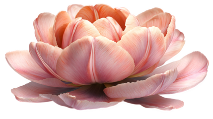 Pink tulip in full bloom with soft lighting, clean white background, petals slightly curled