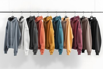 Discover the Stylish Variety: Hoodies in Diverse Colors Hanging on a Rack, Ready for a Perfect Outfit Choice. Explore the Latest Fashion Trends with Multiple Color Options Available.