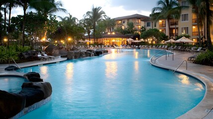Breathtaking view of a high end resort swimming pool at sunset