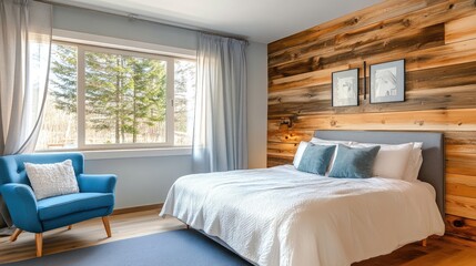 Natural and modern blend in a bedroom with soft curtains, wood wall, and blue fabric chair