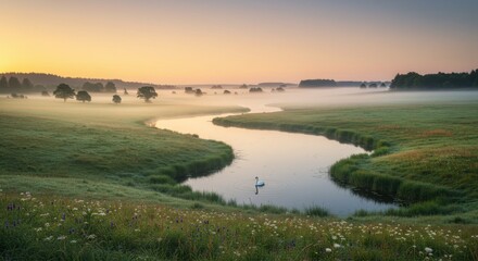 Serene Sunrise Landscape with a Swan on a Misty River