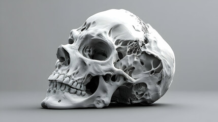 A meticulously detailed skull model, rendered in stark monochrome, showcasing the intricate textures and delicate bone structure with a haunting, lifelike quality.