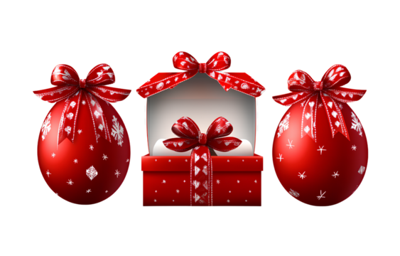  3 red eggs with white space in the middle for decoration, each egg has one ribbon around it, and there is an open gift box between them on a transparent background.png - Powered by Adobe