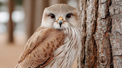 Brown and White Owl Perched on Tree Trunk in Forest Setting
