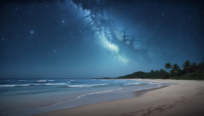 Night beach scene under a starry sky with milky way
