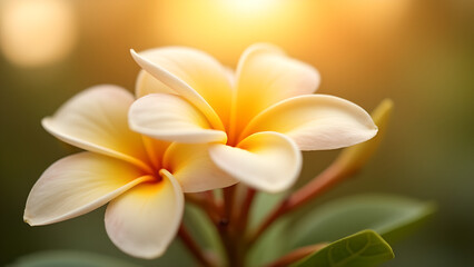 Naklejka premium Close-up of Two Plumeria Flowers in Golden Sunlight, Tropical Setting