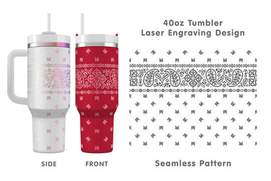 Paisley bandana laser engraving pattern for 40oz tumbler. Seamless from edge to edge. Full tumbler wrap. Vector illustration.